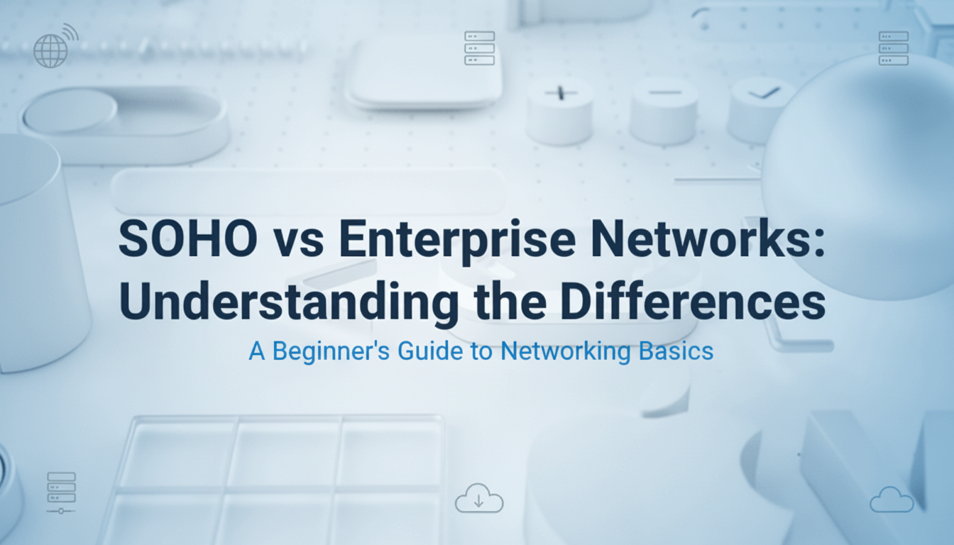 Social media preview graphic comparing SOHO and enterprise networks for IT beginners.