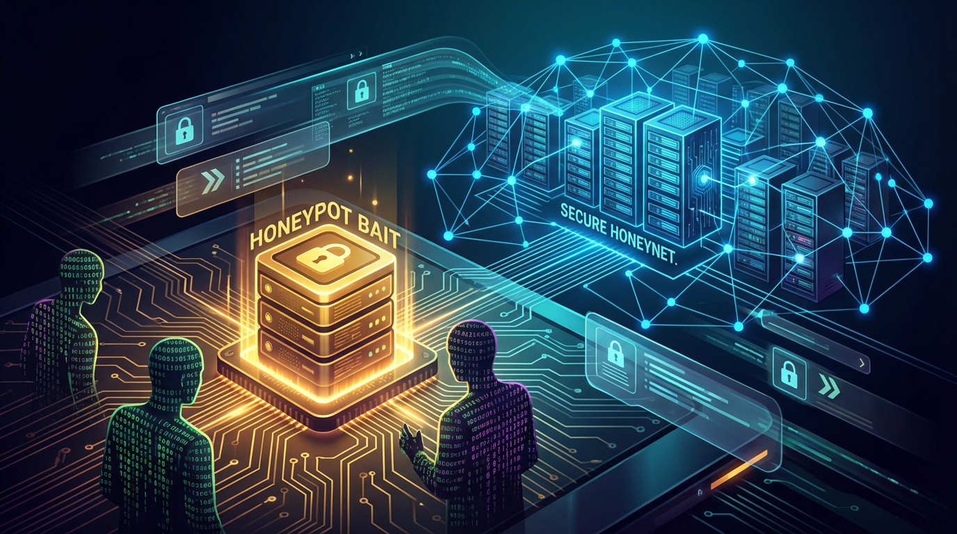 Honeypot vs honeynet comparison showing a decoy server attracting cyber attackers and a secure network of interconnected systems
