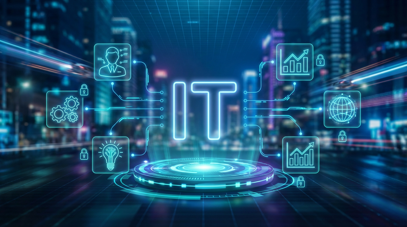 Futuristic information technology concept showing a glowing IT hub connected to cloud computing, data networks, cybersecurity, and digital devices