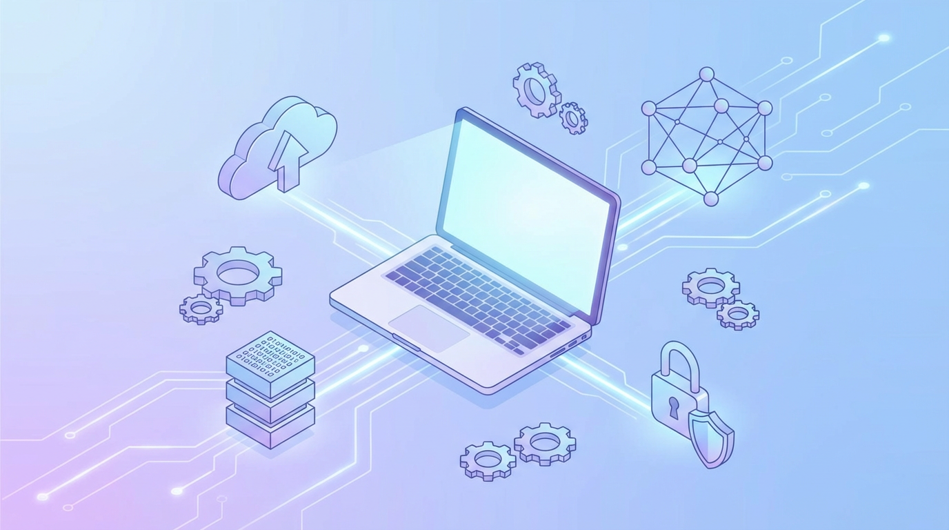 Illustration of a laptop connected to cloud, data, and network icons, representing basic technology concepts for beginners