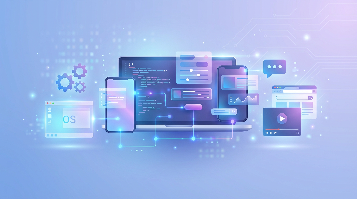 Illustration of software concept showing laptop and smartphone with apps, code, and system icons connected by digital network elements