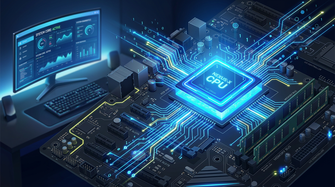Illustration of a glowing CPU chip on a circuit board representing how a computer processor works
