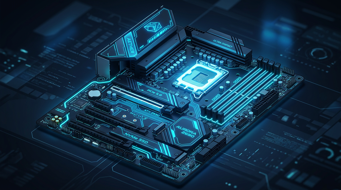 Illustration of a computer motherboard showing CPU socket, RAM slots, PCIe slots, and glowing circuit pathways in a modern tech design