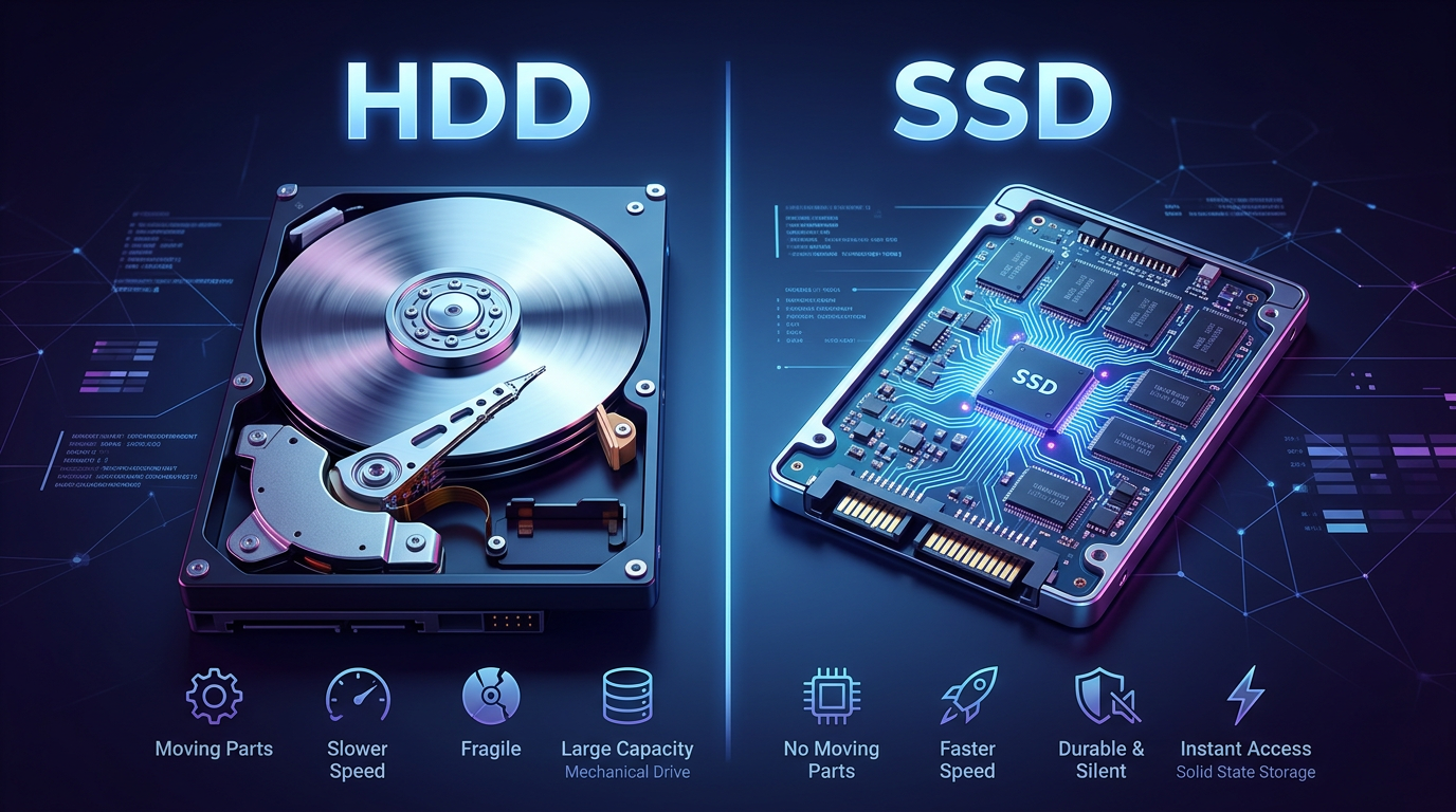 Illustration comparing a hard disk drive (HDD) with spinning platters and a solid state drive (SSD) with electronic circuitry, highlighting storage differences