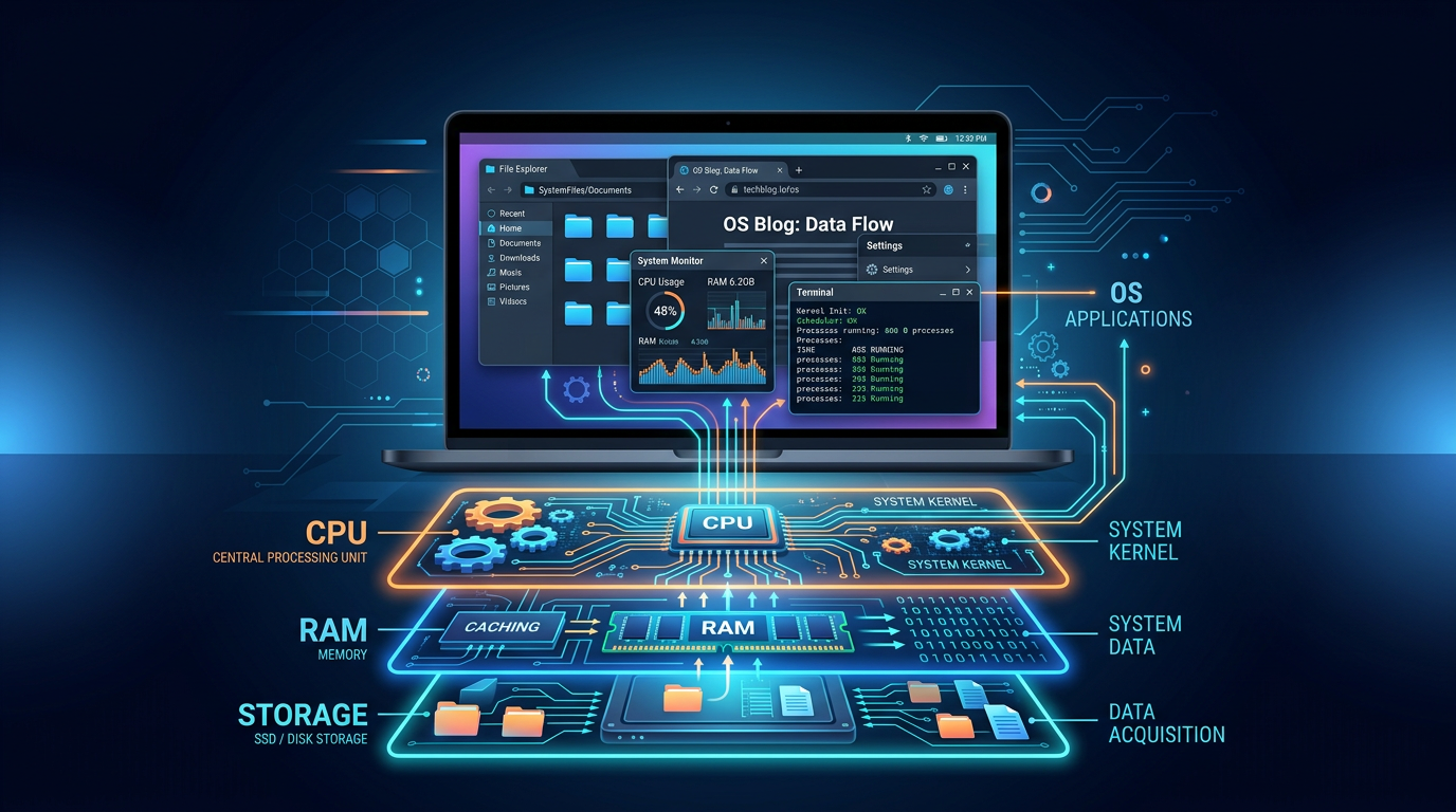 Operating system concept illustration showing computer interface managing hardware components like CPU, memory, and storage