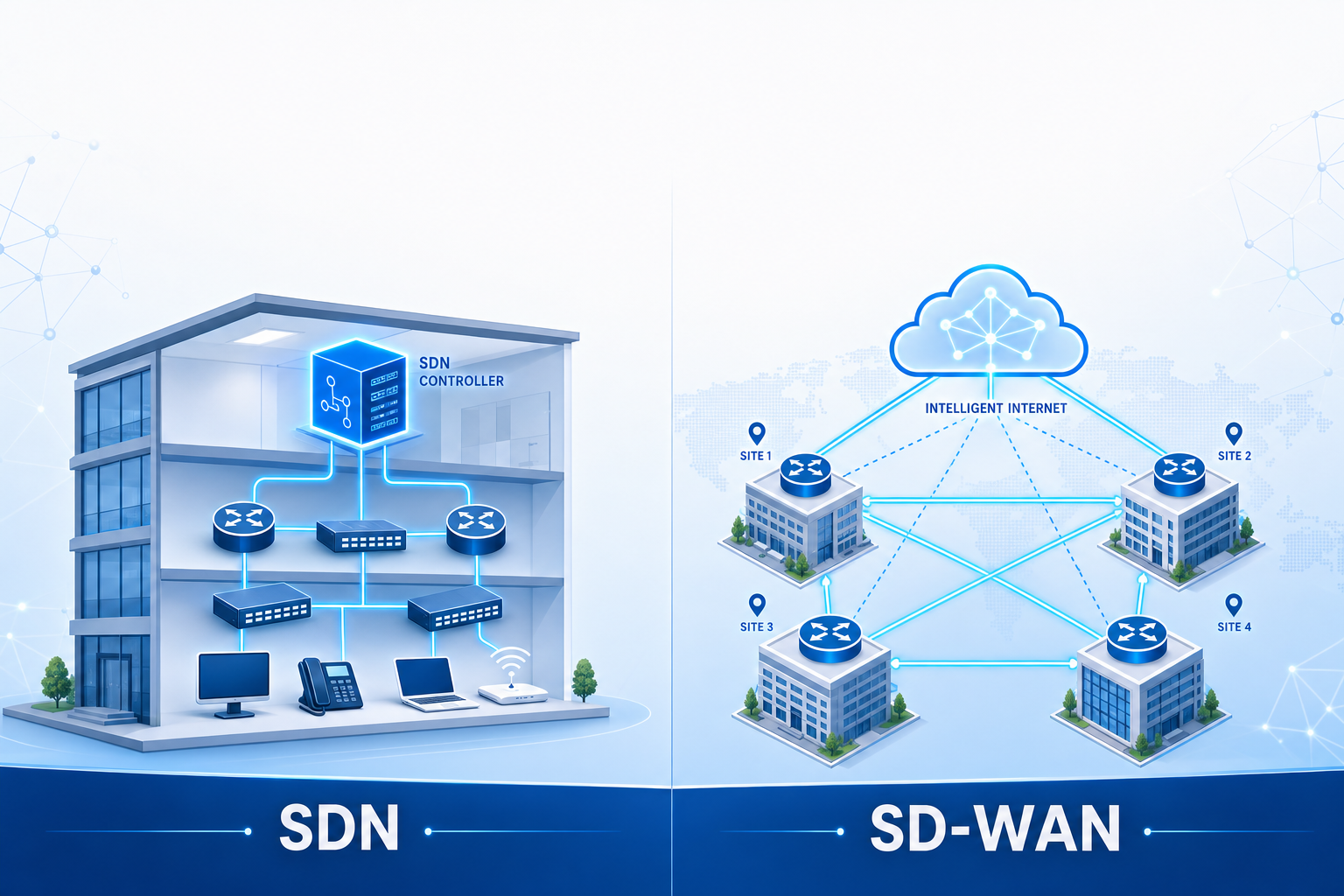 Illustration comparing Software-Defined Networking (SDN) and SD-WAN, showing centralized network management and intelligent connectivity between multiple business locations.