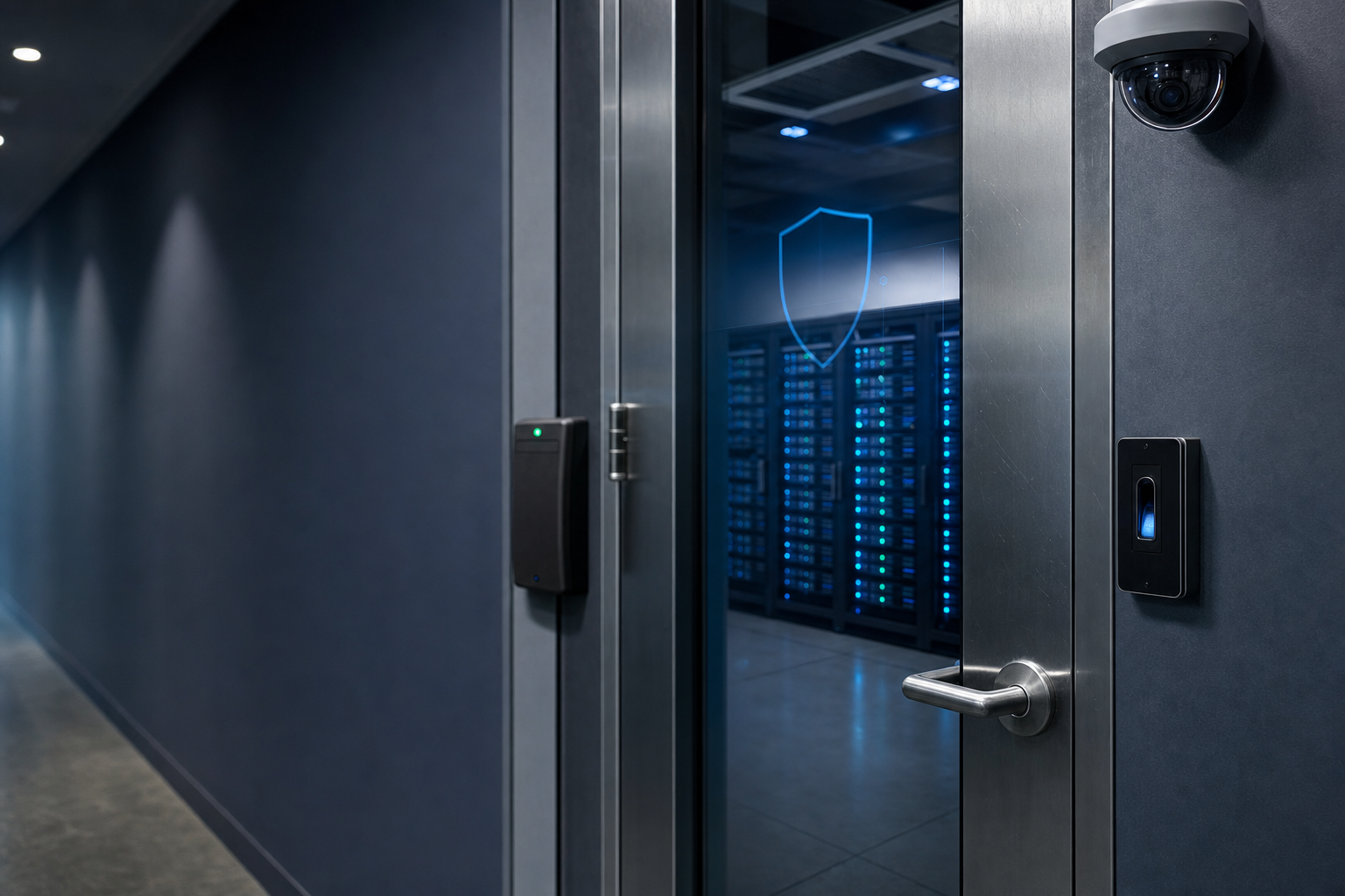 Physical security protecting a secure server room with access controls and surveillance