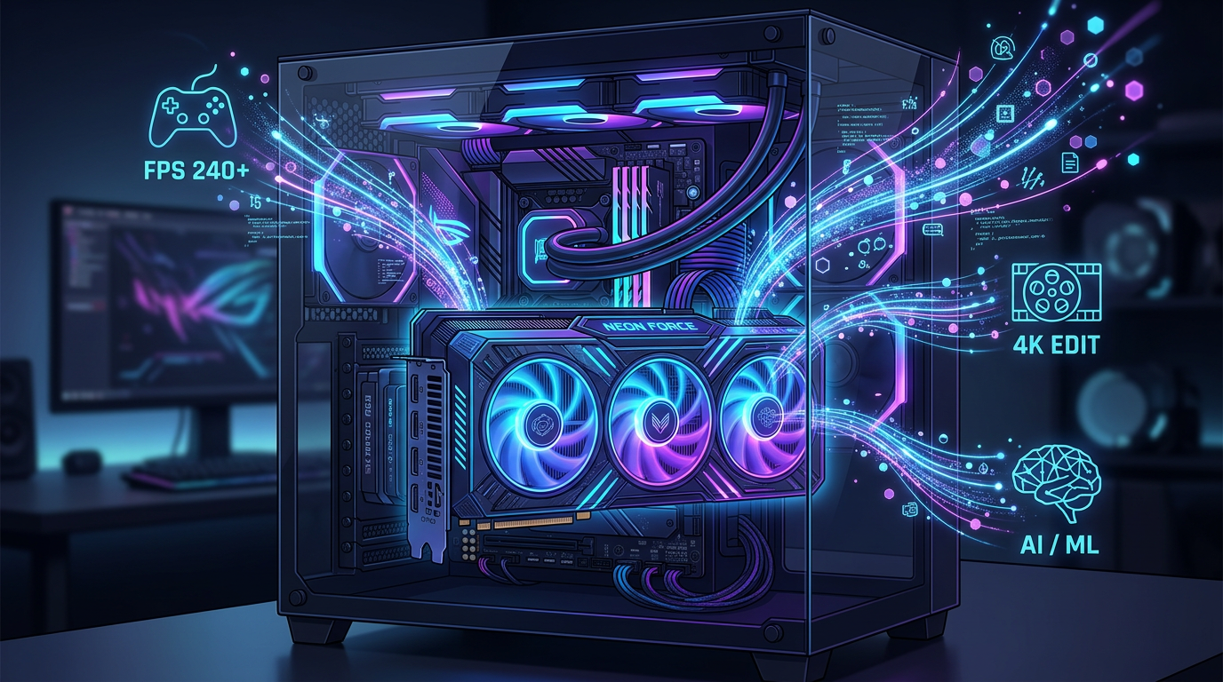 Futuristic GPU graphics card inside a computer with glowing lights and digital data streams, illustrating graphics processing and performance