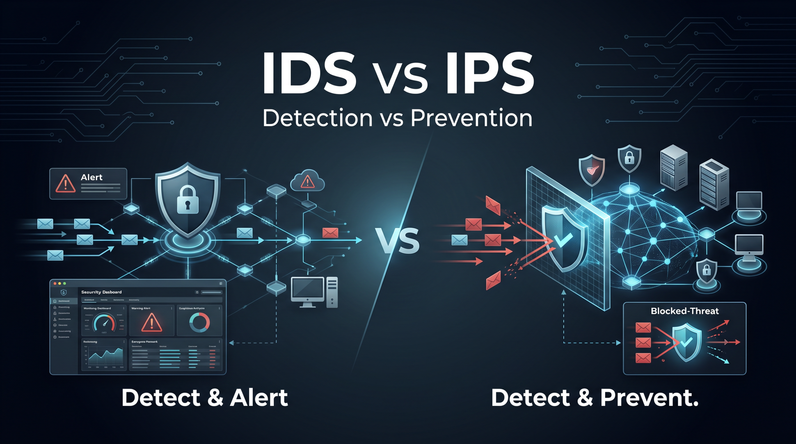 IDS vs IPS comparison showing intrusion detection alerting to threats and intrusion prevention blocking malicious network traffic.