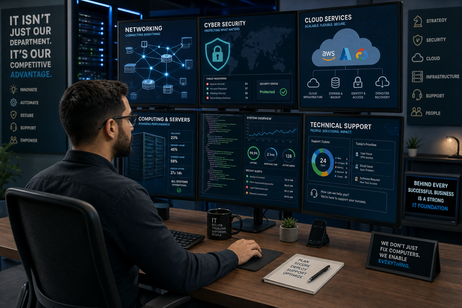 IT professional working at a computer with visual representations of networking, cybersecurity, cloud computing, and technology systems
