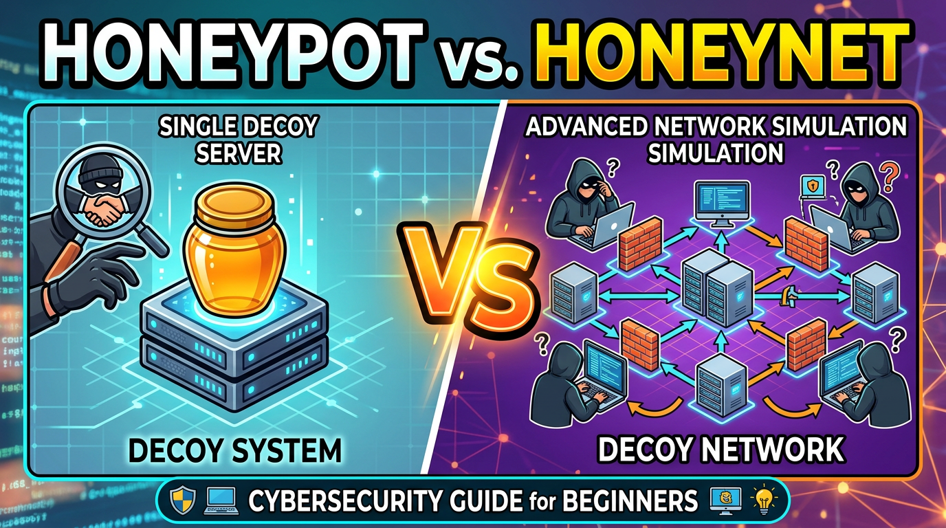 Honeypot vs honeynet cybersecurity illustration showing a glowing decoy server attracting hackers on one side and a secure interconnected network of servers on the other