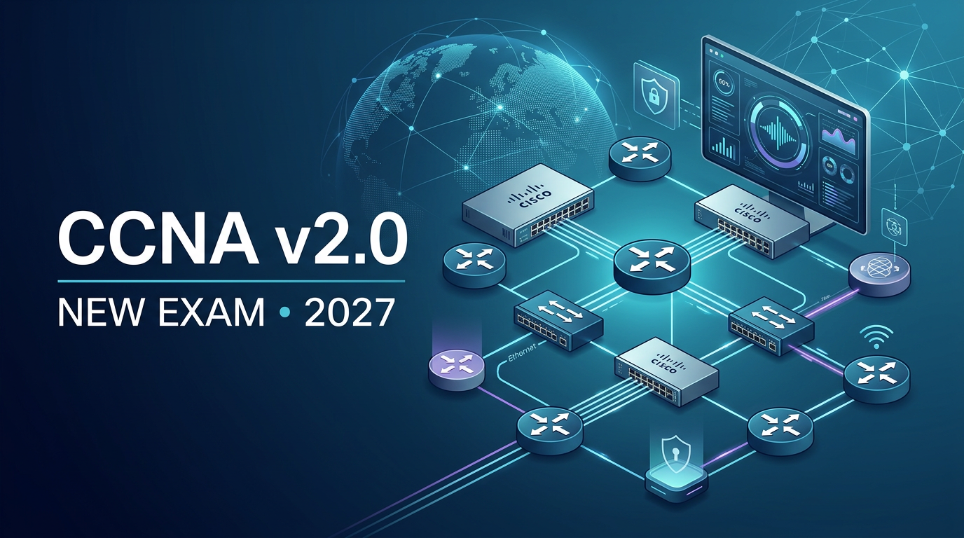 Cisco CCNA v2.0 2027 exam update showing networking, security, AI, and troubleshooting concepts