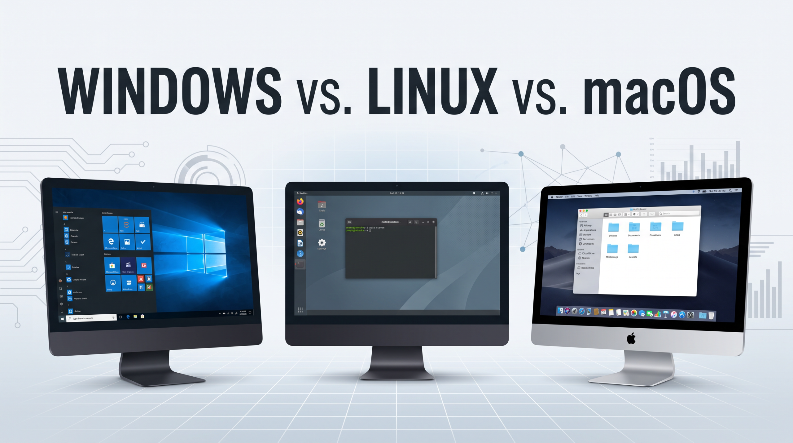 Windows, Linux, and macOS computers shown side by side in a technology-themed comparison graphic.