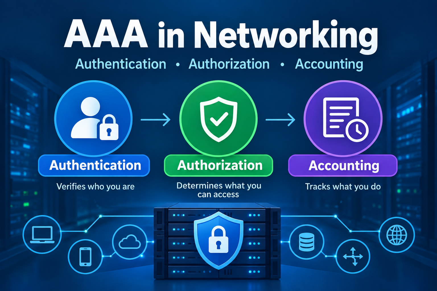AAA in networking infographic illustrating authentication, authorization, and accounting to explain network security and access control.