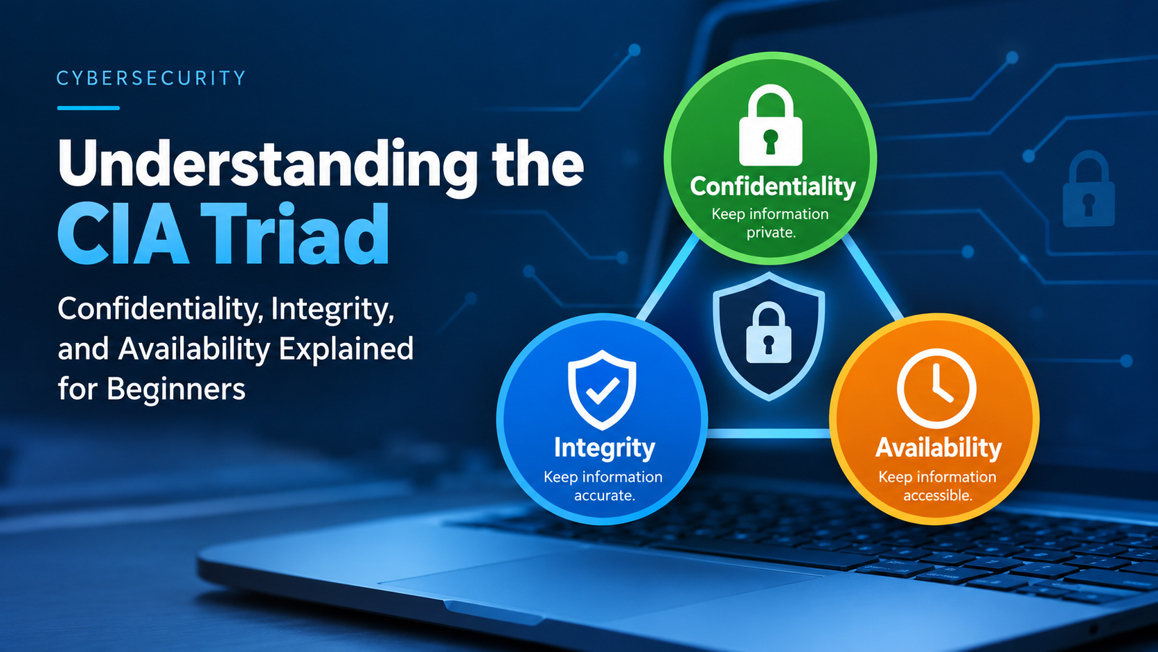 CIA Triad cybersecurity illustration showing confidentiality, integrity, and availability